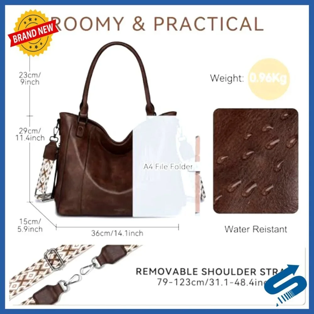 Vegan Leather Hobo Bag Tote with Guitar Strap Multi-Pocket Organization